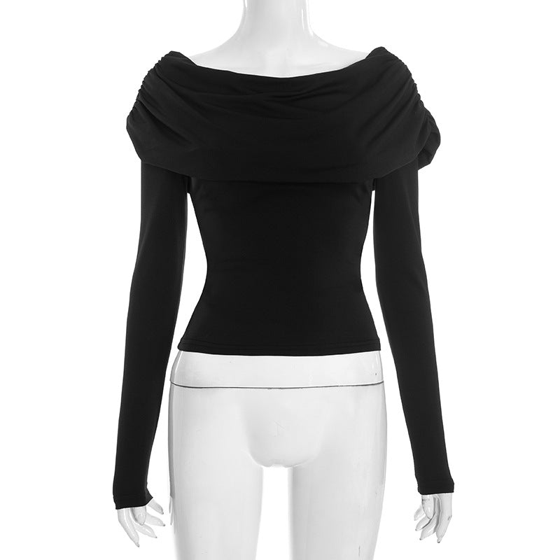Women's Autumn Deep Round Neck Folded Plain Color Long Sleeve Crop Top Pullover