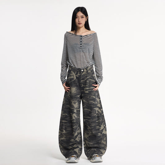 Camouflage Knife-Style Denim Pants for Women Autumn Loose Silhouette Design Spliced Long Pants