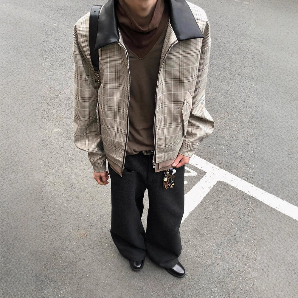 Cleanfit Houndstooth Jacket Men Style Oversized Flip Leather Collar Harrington Jacket