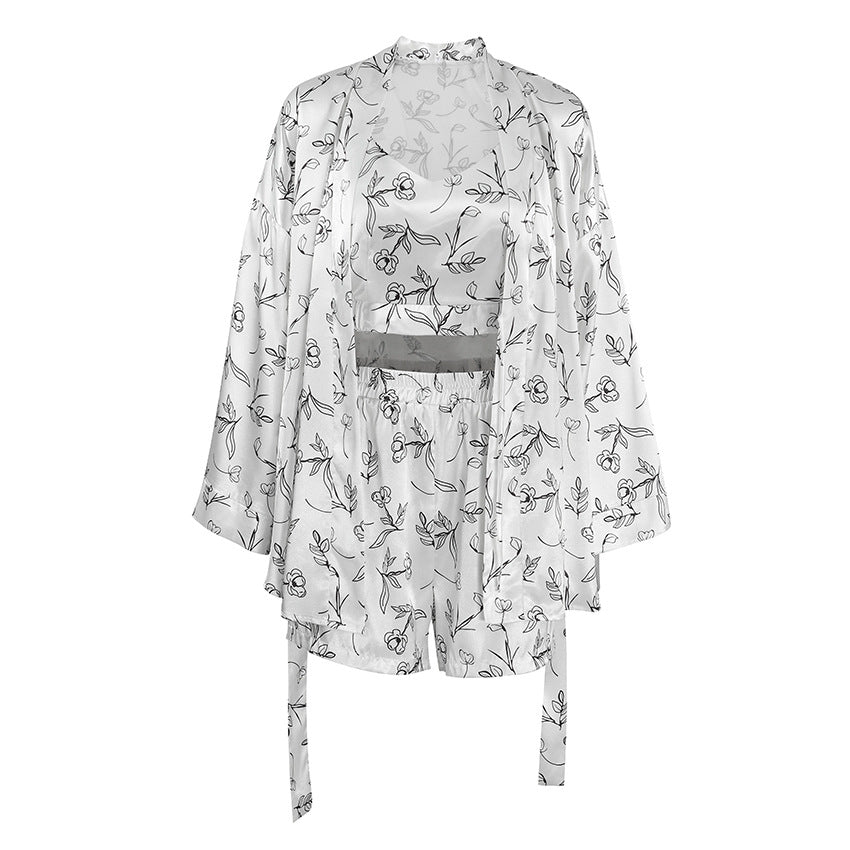 Summer Satin Printed Inner Robe Shorts Three-Piece Set Women's Ice Silk Breathable Casual Sleepwear