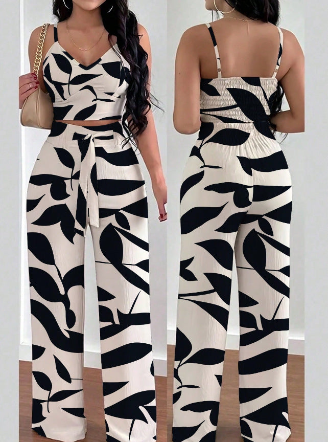 Fashion Print Strap Top High-Waisted Wide-Leg Long Pants Flowy Casual Women's Outfit Set