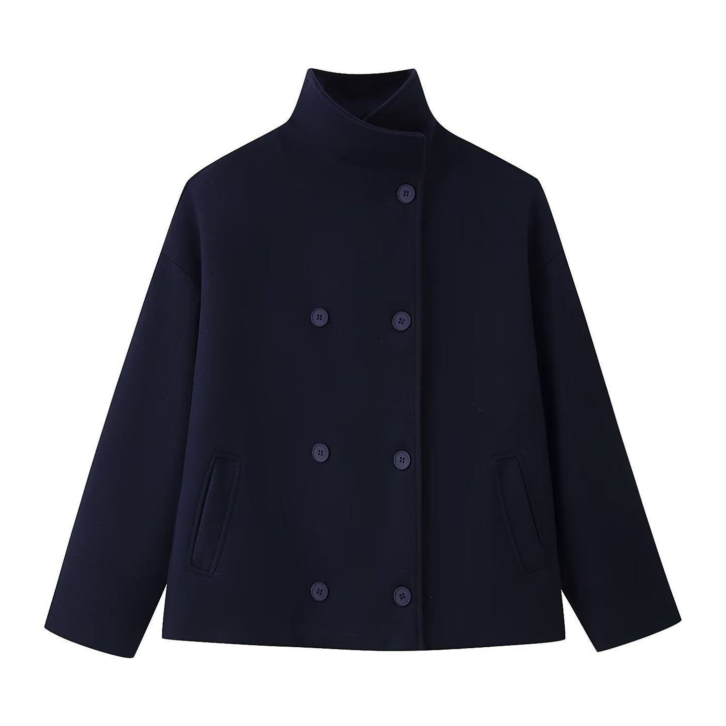 Stand up collar double breasted short woolen jacket