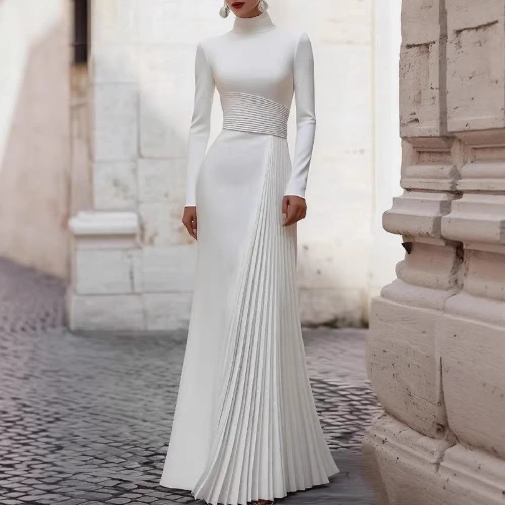 Elegant High Neck Long Sleeve Fitted Wedding Dress with Pleated Design Ruffles and Chic Style Dress