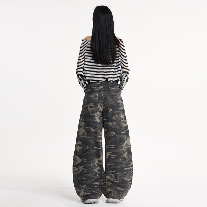 Camouflage Knife-Style Denim Pants for Women Autumn Loose Silhouette Design Spliced Long Pants