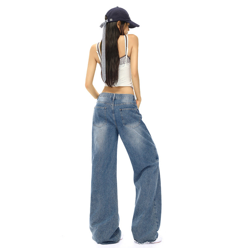 Women's Straight Jeans Washed Vintage Narrow Loose Wide-Leg Pants