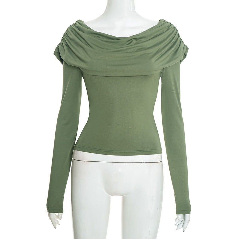 Women's Autumn Deep Round Neck Folded Plain Color Long Sleeve Crop Top Pullover