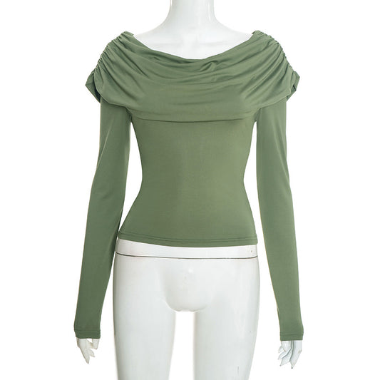 Women's Autumn Deep Round Neck Folded Plain Color Long Sleeve Crop Top Pullover
