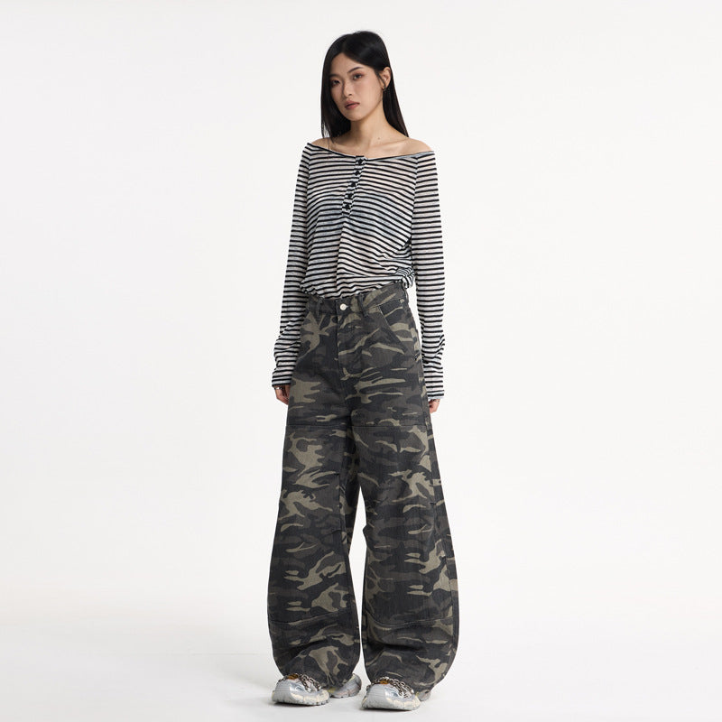 Camouflage Knife-Style Denim Pants for Women Autumn Loose Silhouette Design Spliced Long Pants