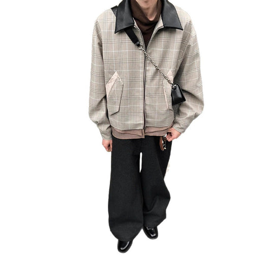 Cleanfit Houndstooth Jacket Men  Style Oversized Flip Leather Collar Harrington Jacket