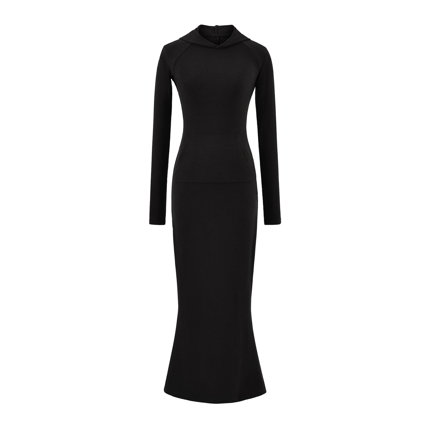 Round neck slim fit figure enhancing hooded long sleeved dress