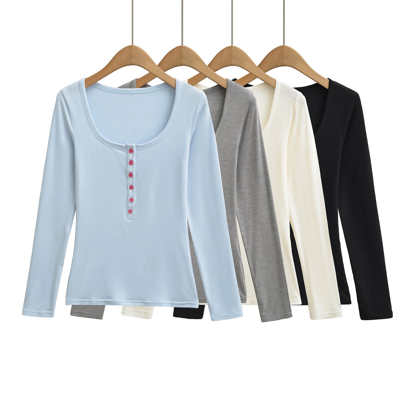 Square collar single breasted long sleeved base top T-shirt