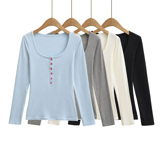Square collar single breasted long sleeved base top T-shirt