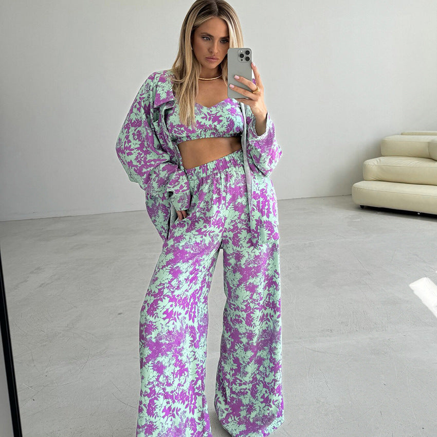 Fashionable Print Long Sleeve Innerwear Set with Pants for Women Loose FitWearable Outdoors 3-Piece Set