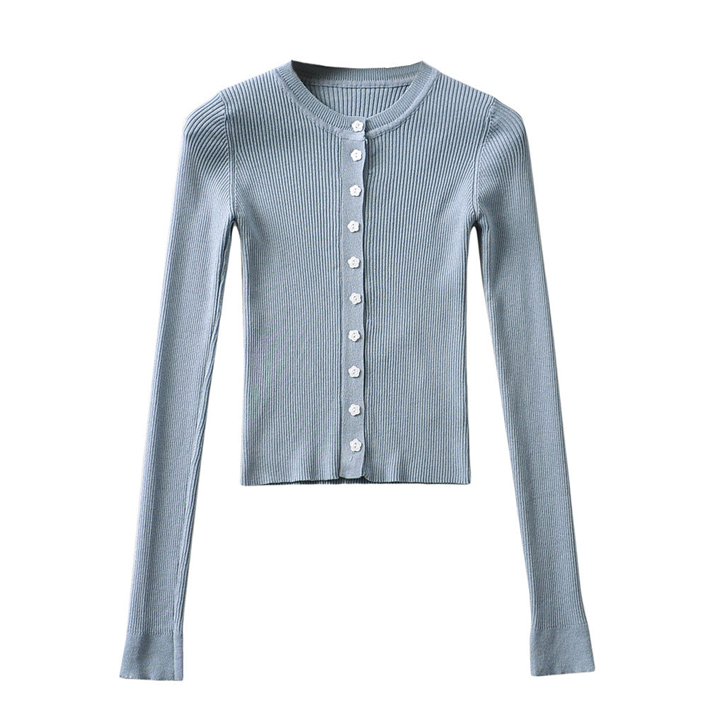 Round neck buckle long sleeved elastic slim fit top