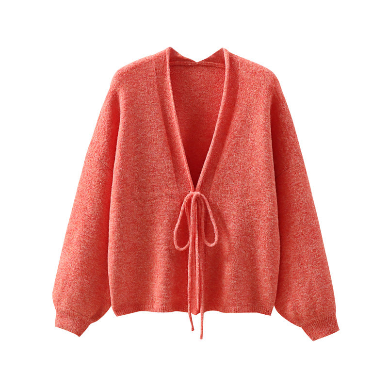 Loose V-neck sweater top with tie up