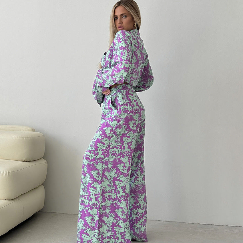 Fashionable Print Long Sleeve Innerwear Set with Pants for Women Loose FitWearable Outdoors 3-Piece Set