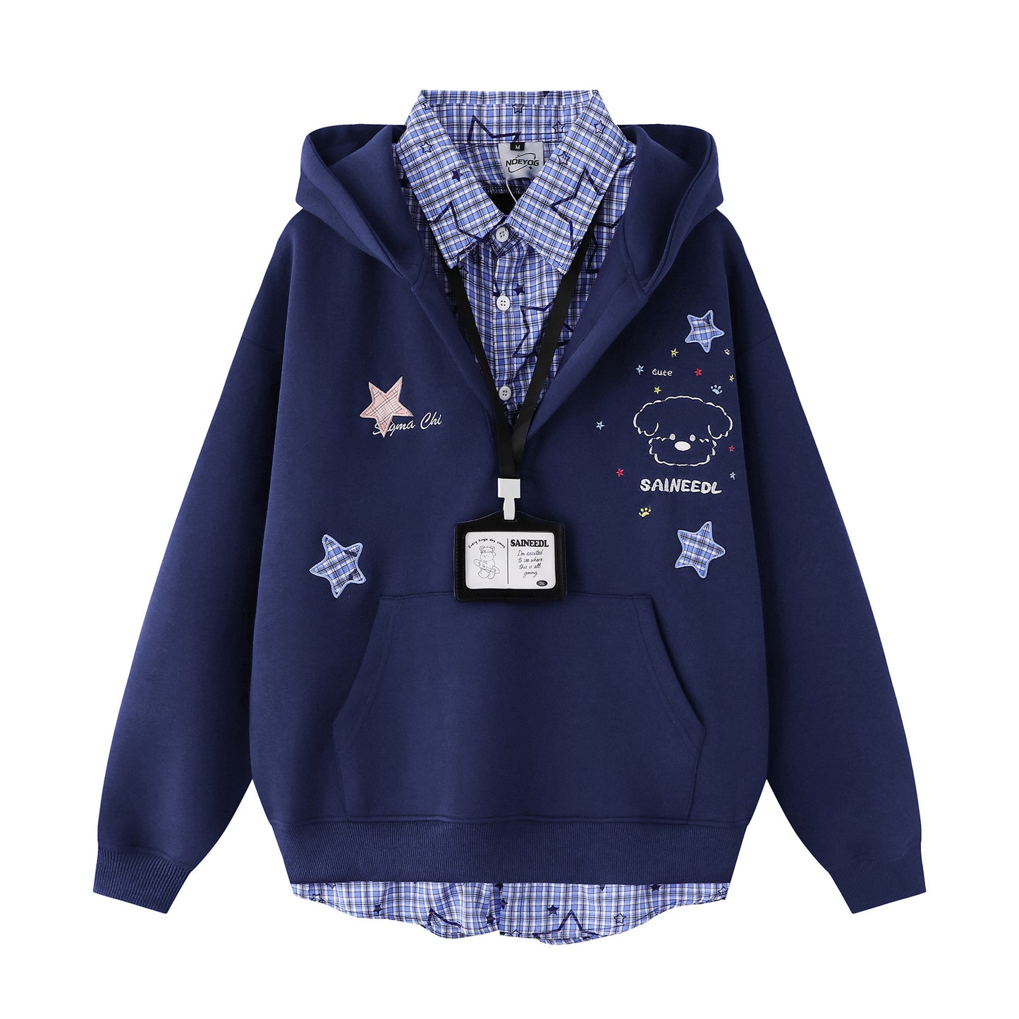 Embroidery Plaid Patchwork Mock Two-Piece Loose Versatile Polo Neck Sweatshirt