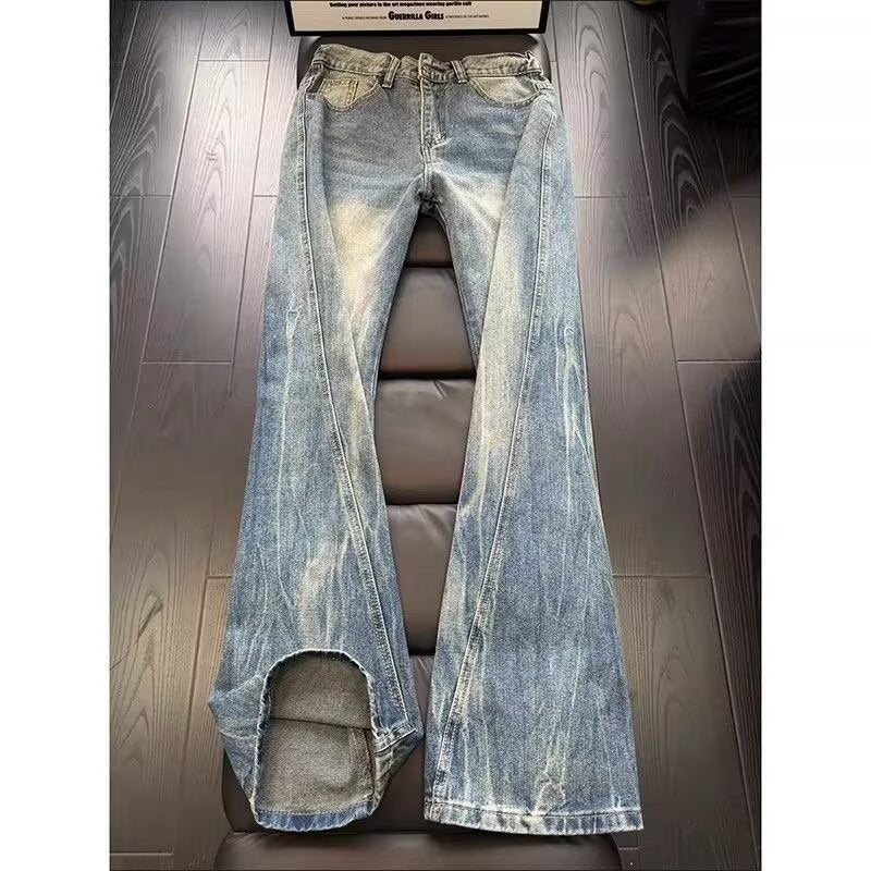Lightning Pattern Asymmetric Cut Denim Pants