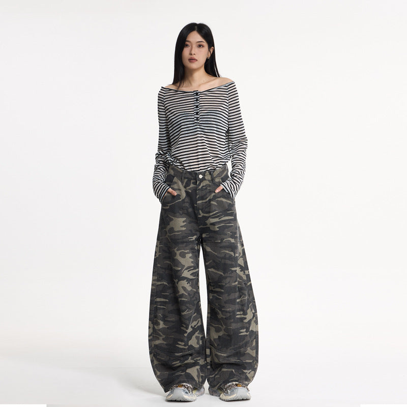 Camouflage Knife-Style Denim Pants for Women Autumn Loose Silhouette Design Spliced Long Pants