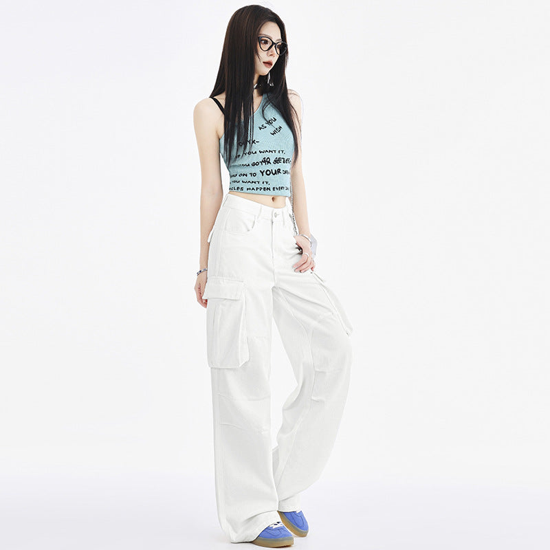 Women's Design Mocha Work Pants Loose Wide Leg Denim Trousers