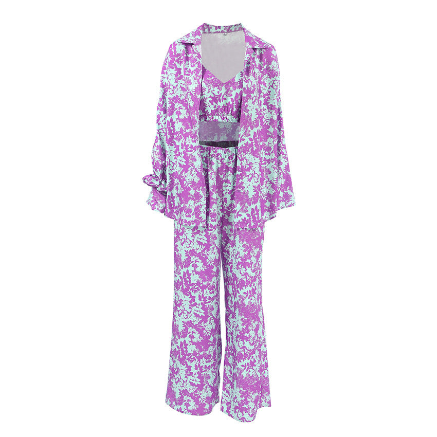Fashionable Print Long Sleeve Innerwear Set with Pants for Women Loose FitWearable Outdoors 3-Piece Set