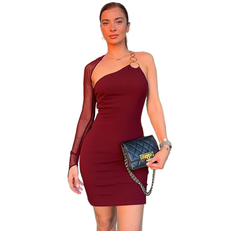 Metal ring single sleeve slim fit dress for slimming effect