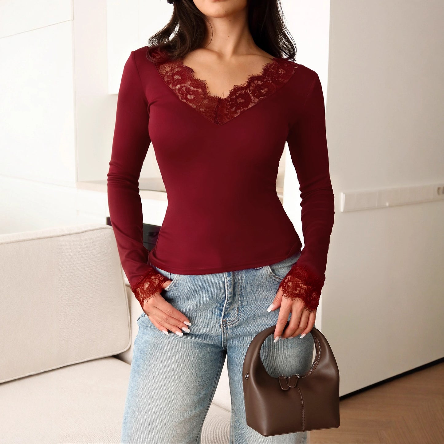 V-Neck Lace Trimmed Sleeveless Cropped Top with Cinched Waist