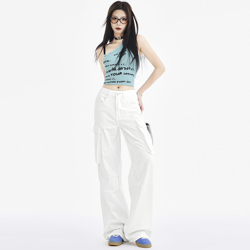 Women's Design Mocha Work Pants Loose Wide Leg Denim Trousers