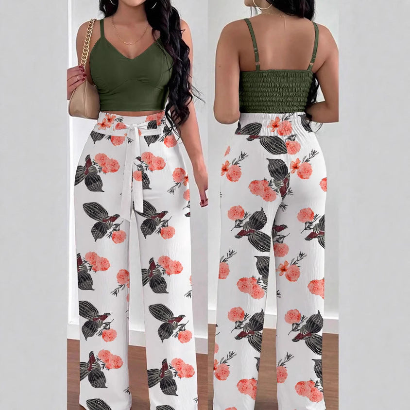 Fashion Print Strap Top High-Waisted Wide-Leg Long Pants Flowy Casual Women's Outfit Set