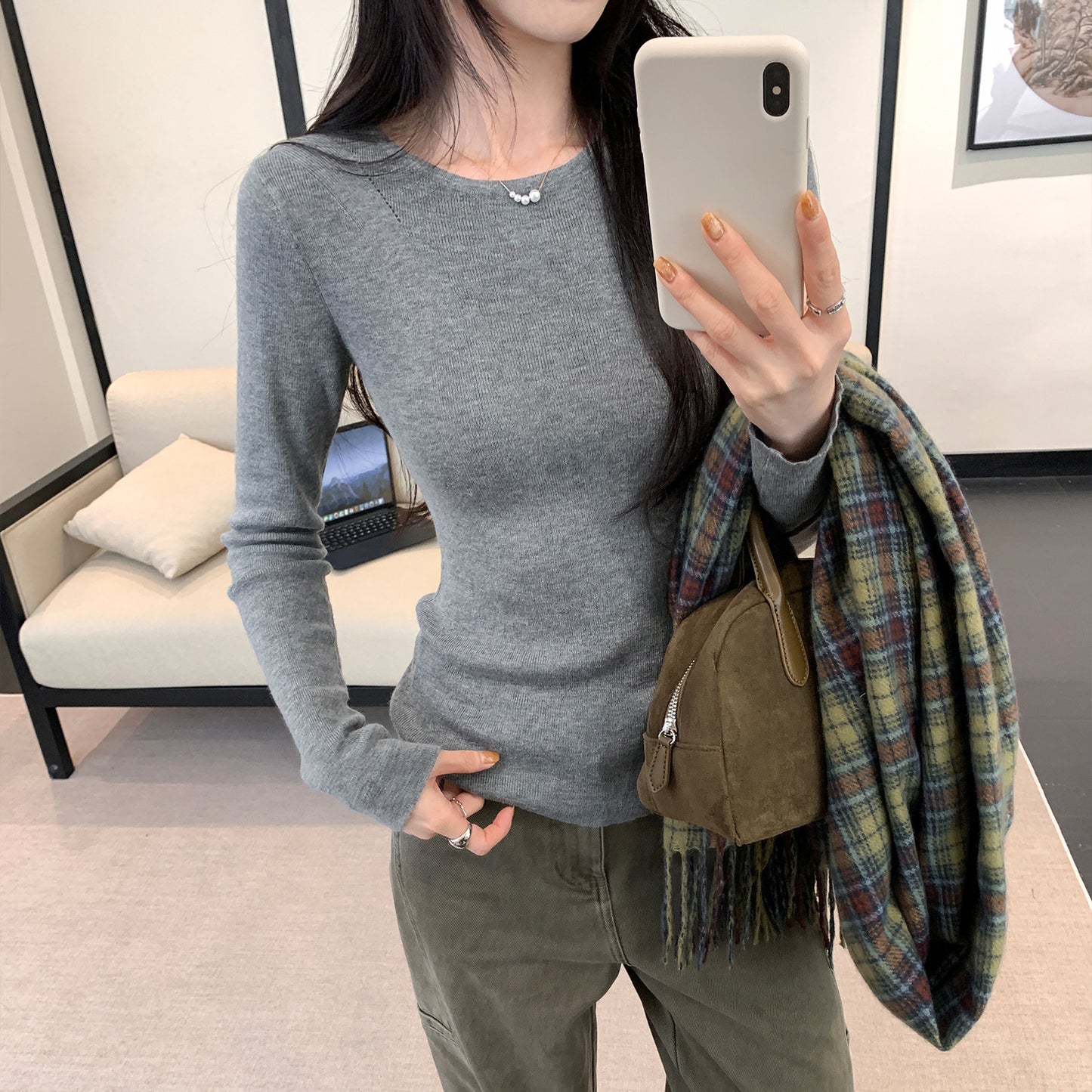 Solid Color Inner Knit Sweater for Women, Elegant Fitted Slim Fit Long Sleeve Wool Top