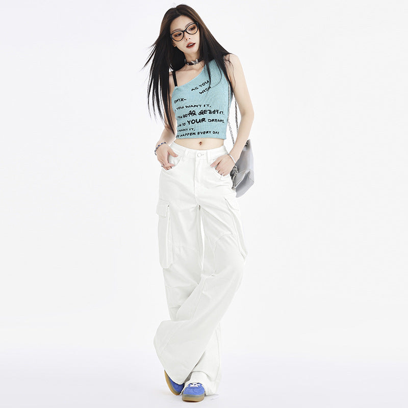 Women's Design Mocha Work Pants Loose Wide Leg Denim Trousers