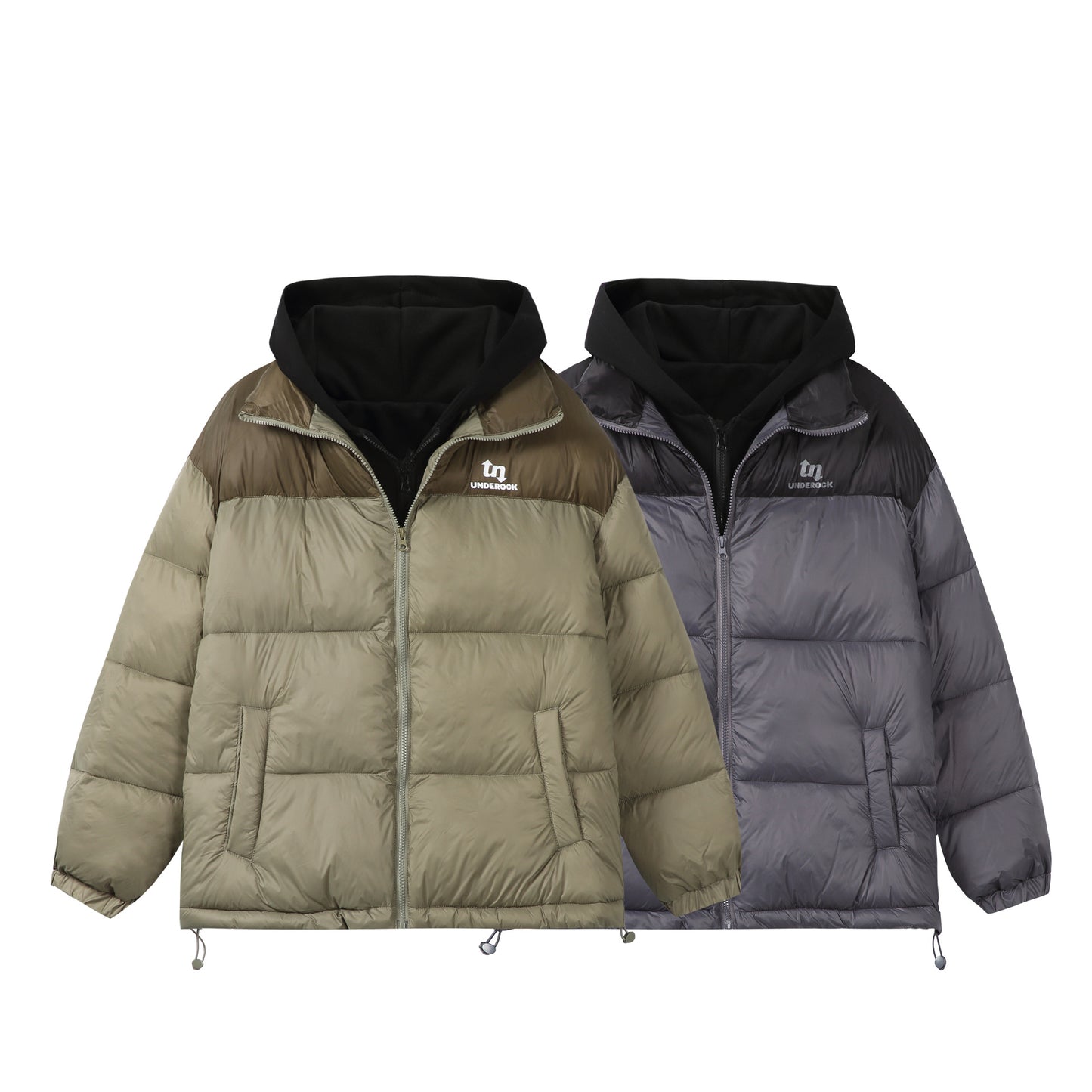 Double-breasted color-block cotton jacket, loose-fit hooded warm coat for couples