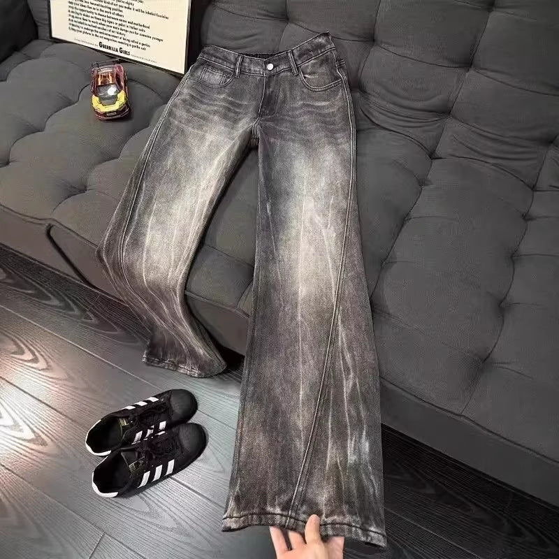 Lightning Pattern Asymmetric Cut Denim Pants