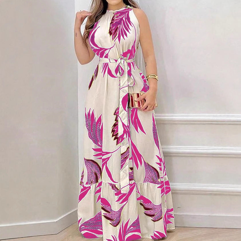 ChicSummer New Arrival Strapless Tie-Neck Printed Ruffle Dress for Women