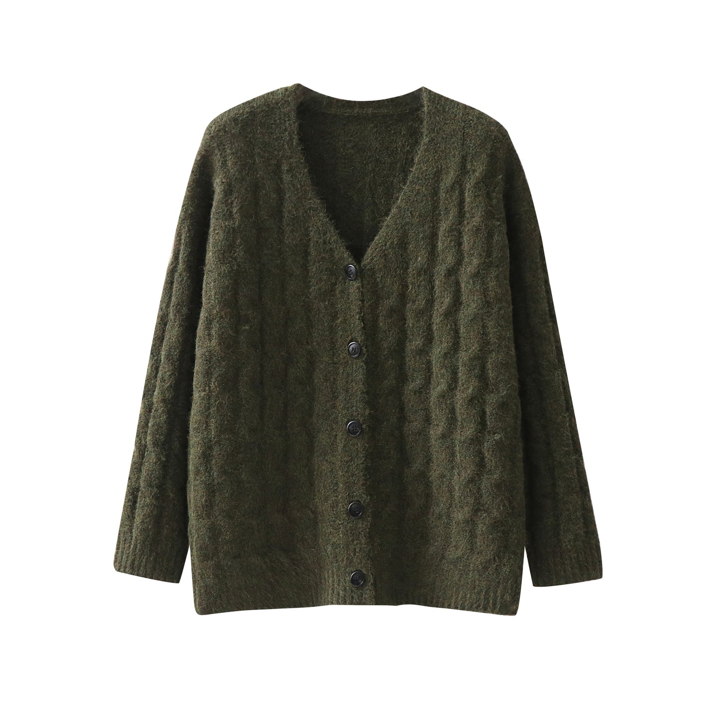 Solid color long sleeved button loose V-neck sweater