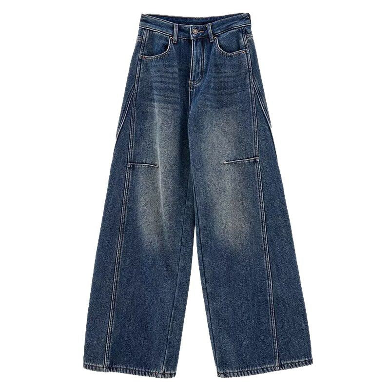 American Fashion Wide-Leg Denim Pants for Women, Loose Fit, Slimming, Floor-Length, Trendy Jeans
