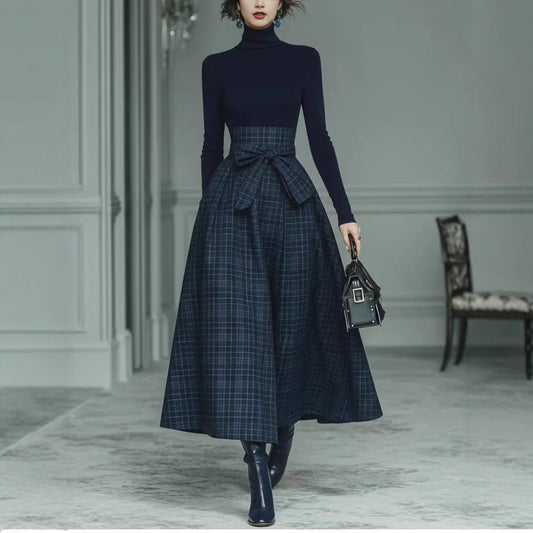 Solid color texture long sleeved elegant French dress for women