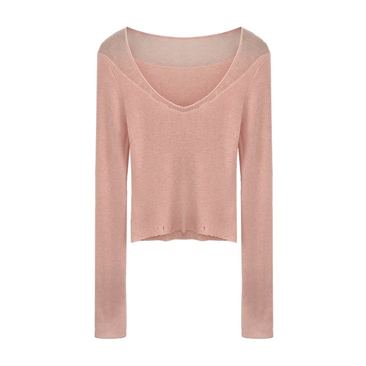 Tweed-Style Sheer Lace Trim V-Neck Lightweight Long Sleeve Inner Knit Top