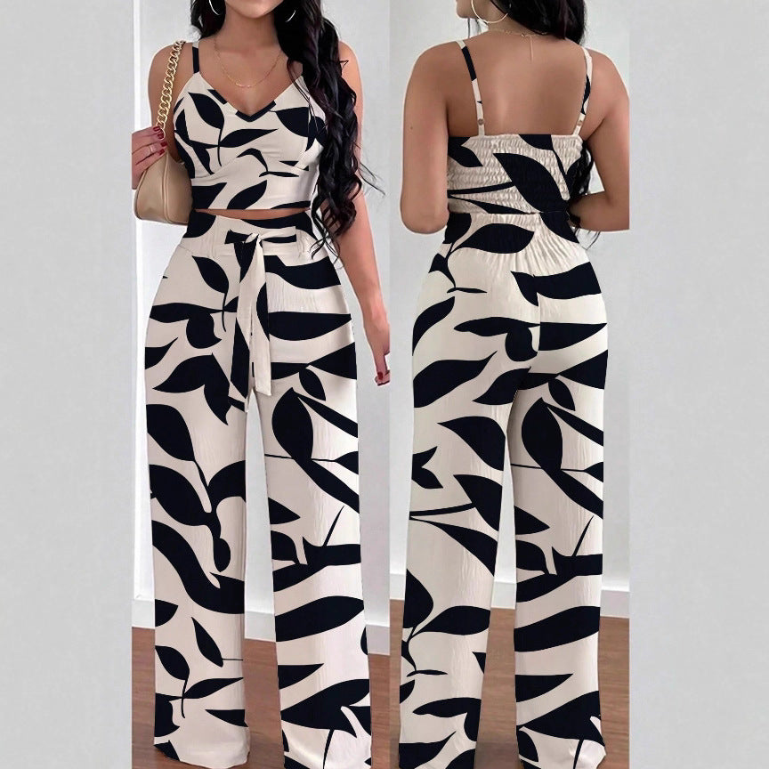 Fashion Print Strap Top High-Waisted Wide-Leg Long Pants Flowy Casual Women's Outfit Set
