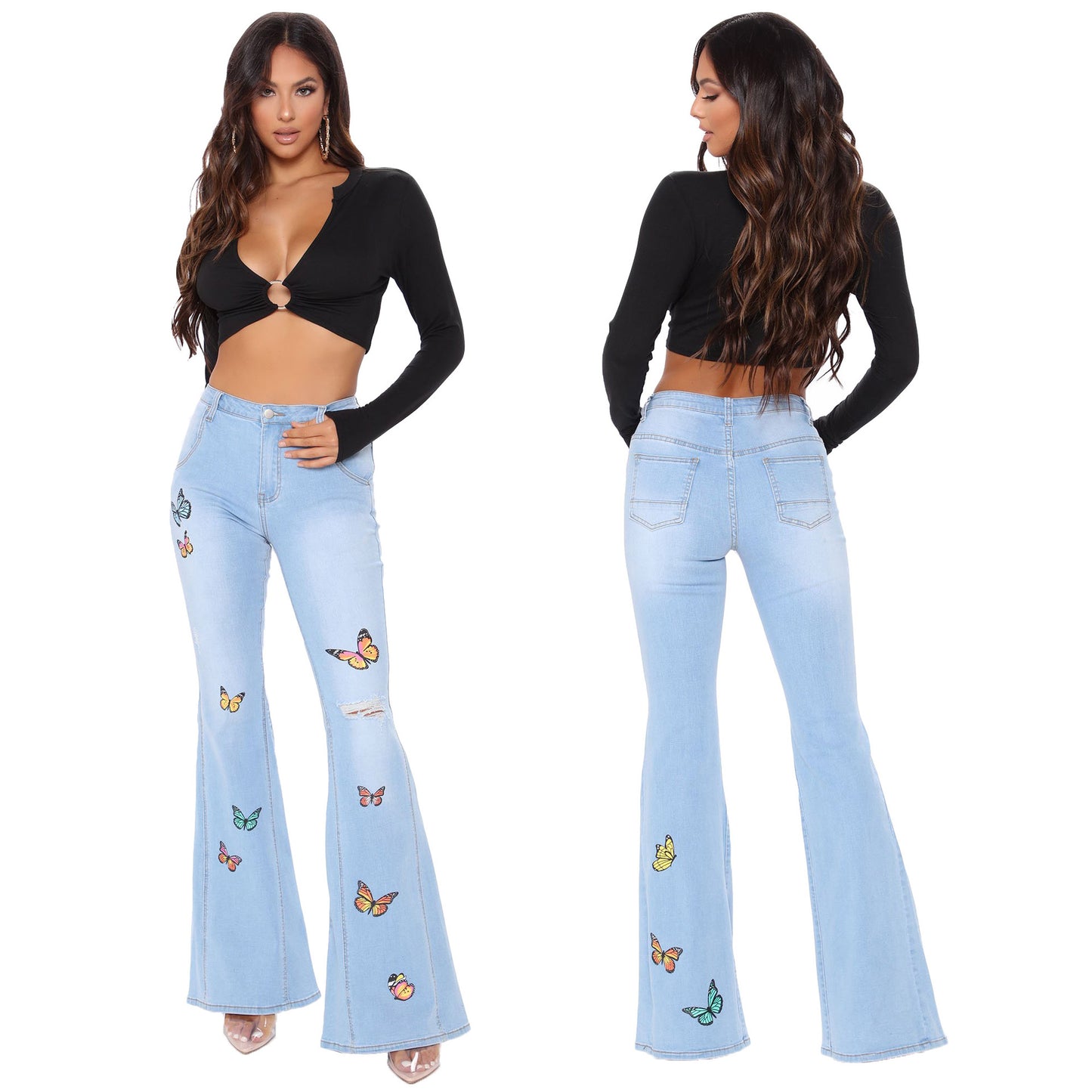 Tailored butterfly wide leg perforated high stretch flared pants