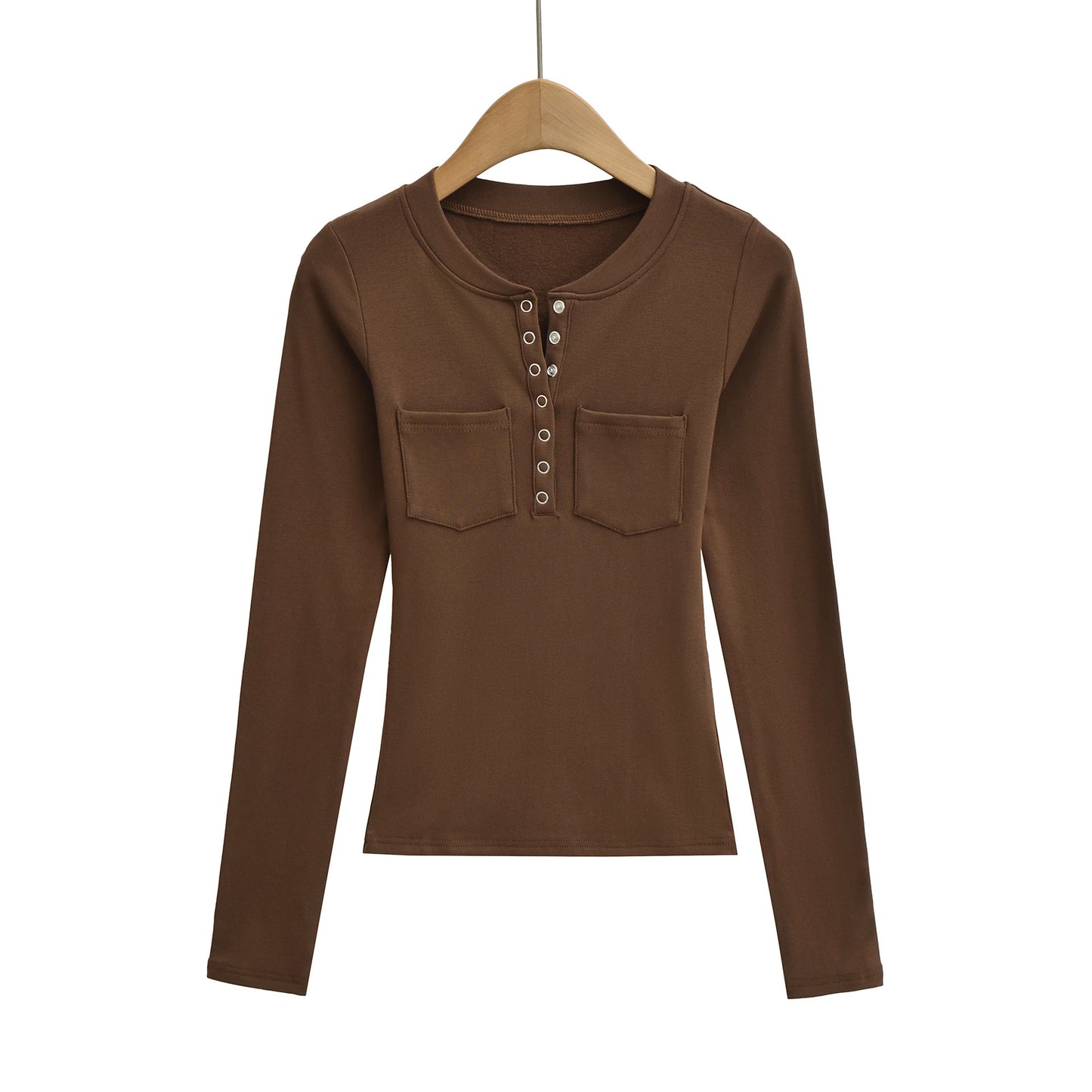 Round neck single breasted long sleeved top T-shirt