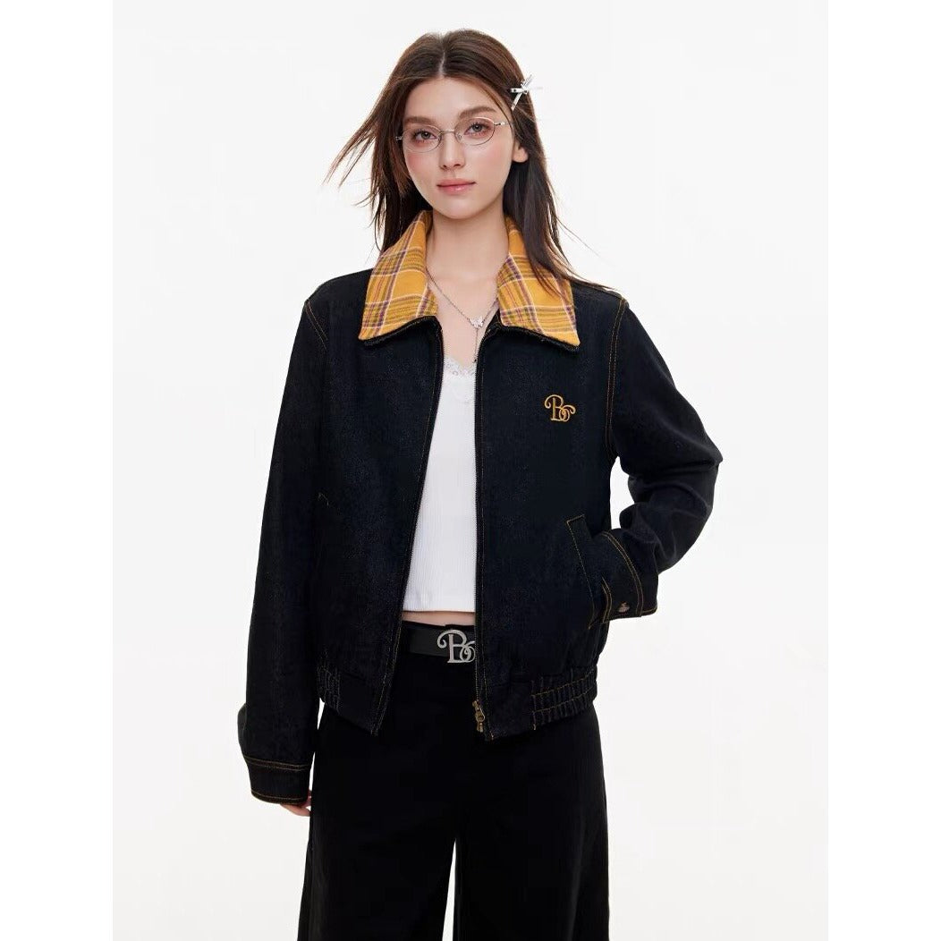 Retro Plaid Patchwork Denim Jacket Unisex Fashion Design High-End Workwear Jacket