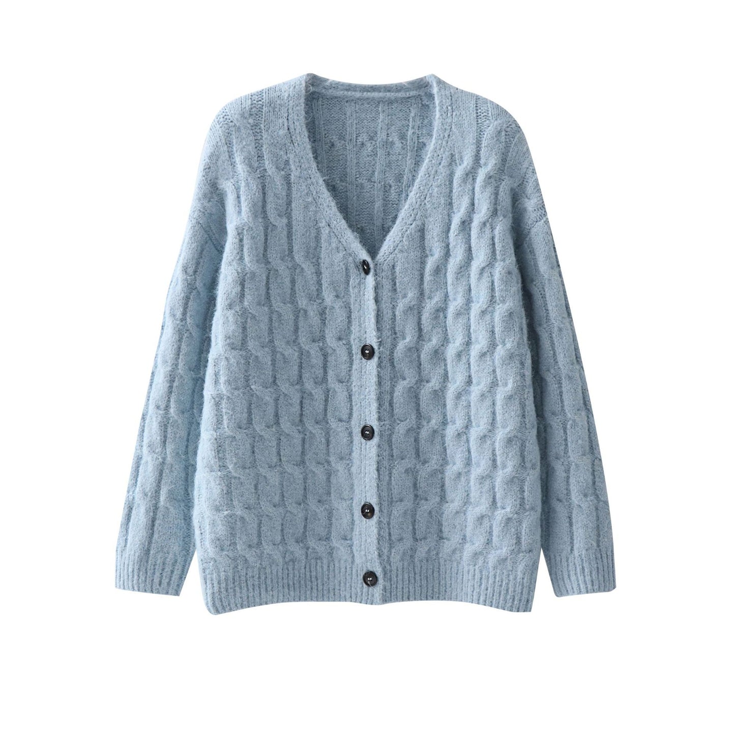 Solid color long sleeved button loose V-neck sweater