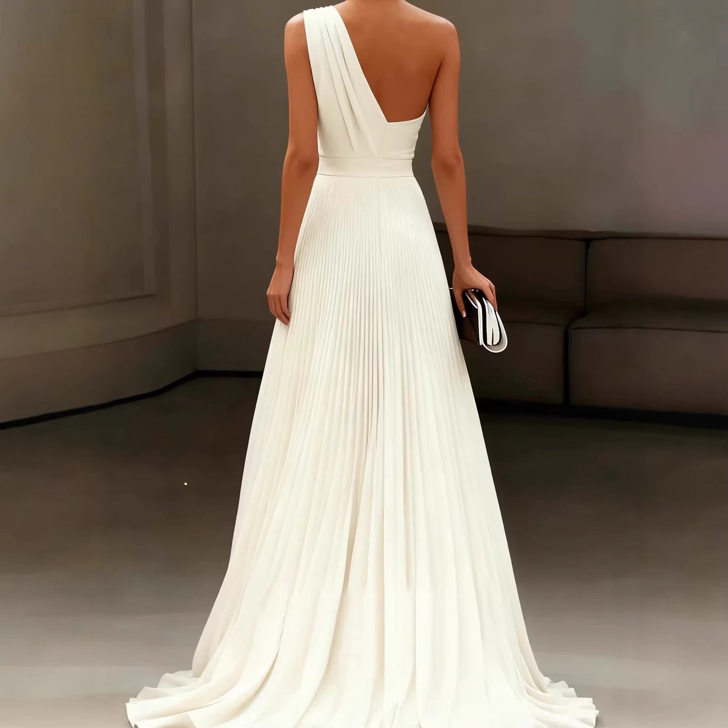 Elegant White One-Shoulder Long Dress with PleatsSummer Wedding Gown, Formal Occasion Dress