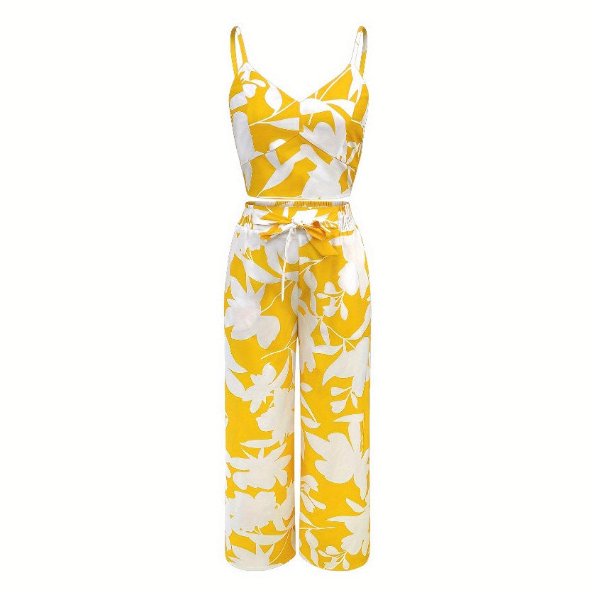 Fashion Print Strap Top High-Waisted Wide-Leg Long Pants Flowy Casual Women's Outfit Set