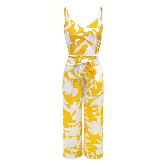 Fashion Print Strap Top High-Waisted Wide-Leg Long Pants Flowy Casual Women's Outfit Set