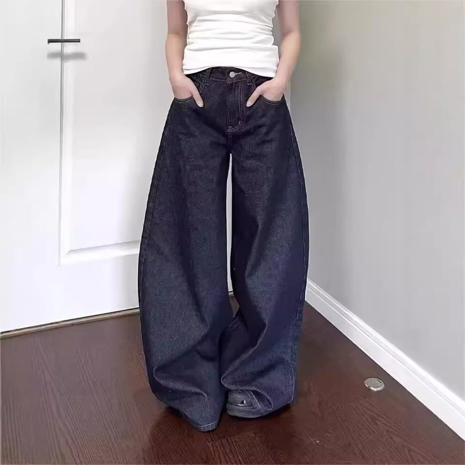 Vintage Deep Blue Wide Leg Jeans Women  Design Loose Straight Tapered Long Pants
