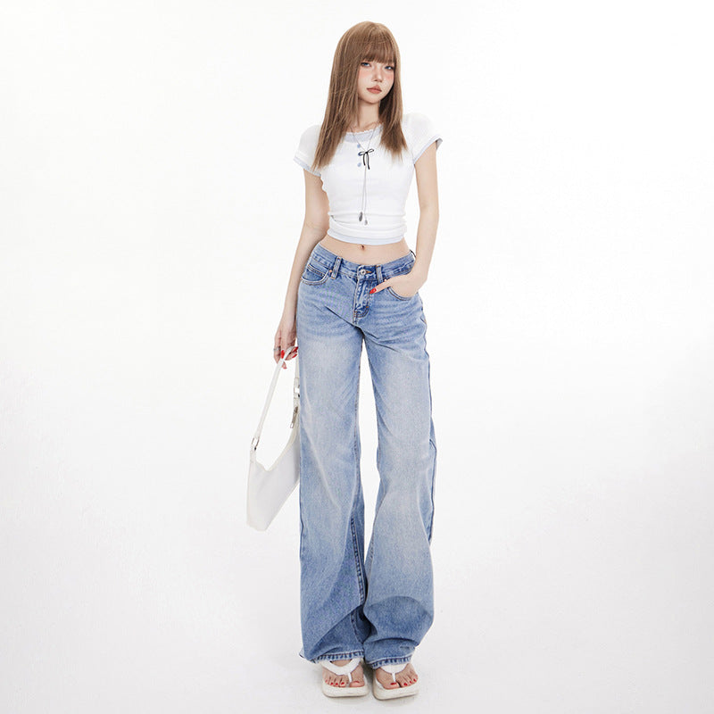 Women's Washed Wide-Leg Jeans Female Loose Slim Floor-Length Straight Pants