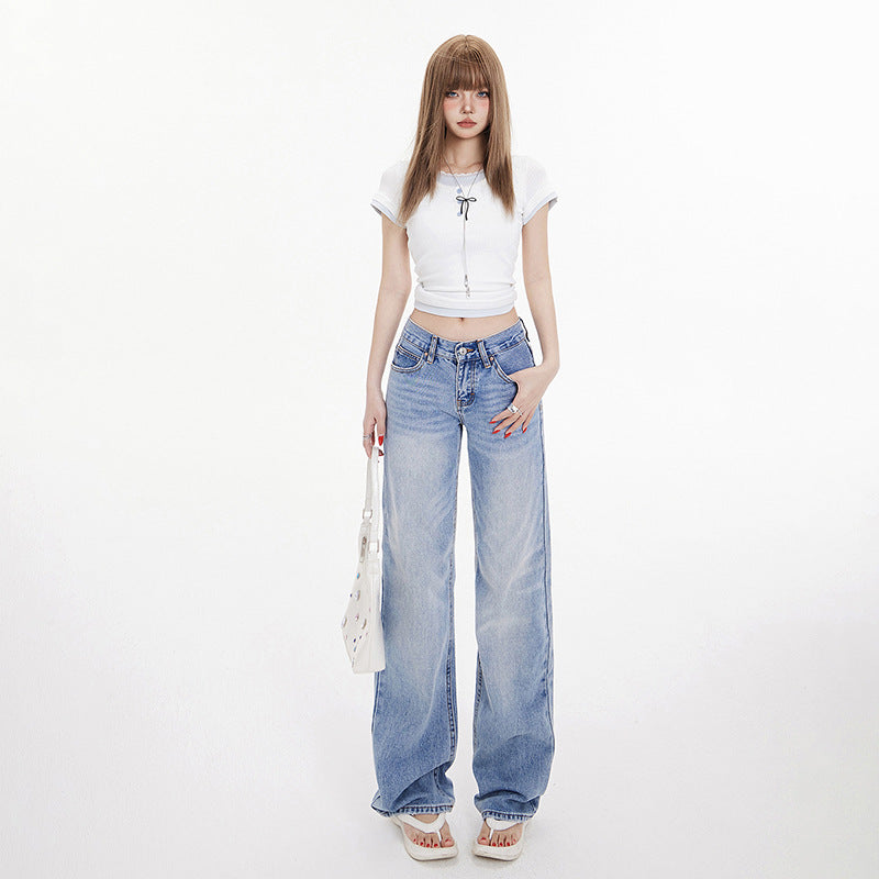 Women's Washed Wide-Leg Jeans Female Loose Slim Floor-Length Straight Pants