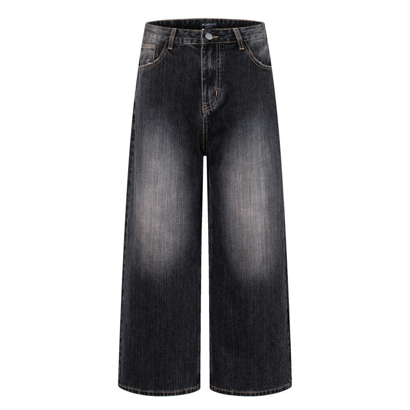 Vintage Washed Gradient Denim Pants Men's Design Street Style Couple Loose Versatile Straight Leg Casual Wide Leg Pants